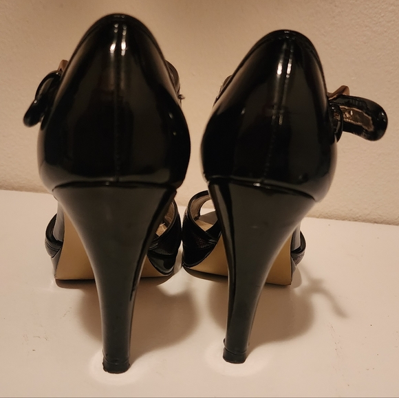 Anne Klein Etenia Leopard Print Black Patent Leather Open Toe Shoes Women's 7m - Picture 4 of 6